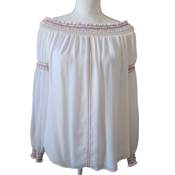White House Black Market Off-Shoulder Peasant Blouse White Smocked Boho Size L - Picture 1 of 7